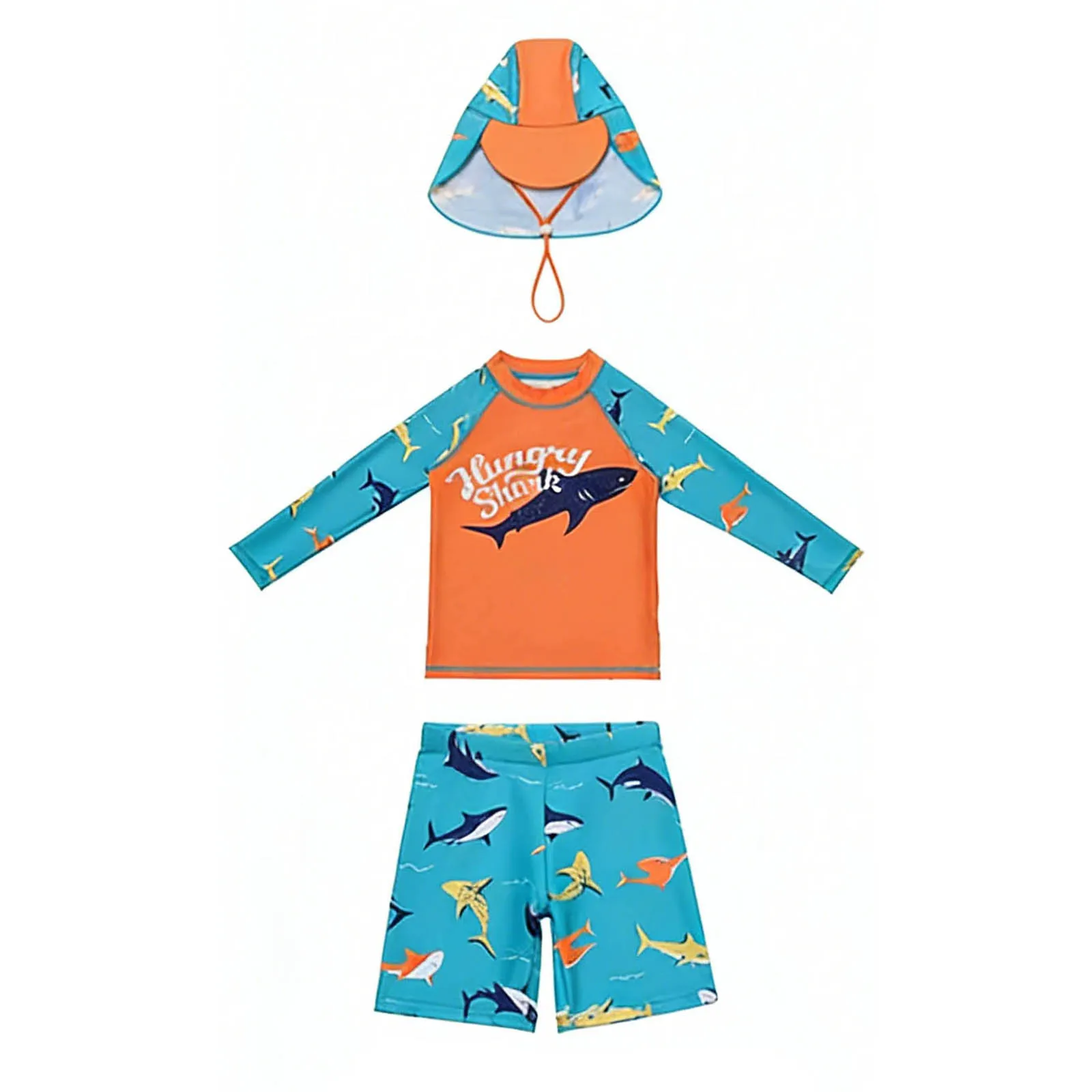 New Boys 3 Pieces Shark-patterned Swimwear Set Long Sleeve Top with Shorts Sunshade Cap Quick-dry Swimsuit Summer Bathing Suit