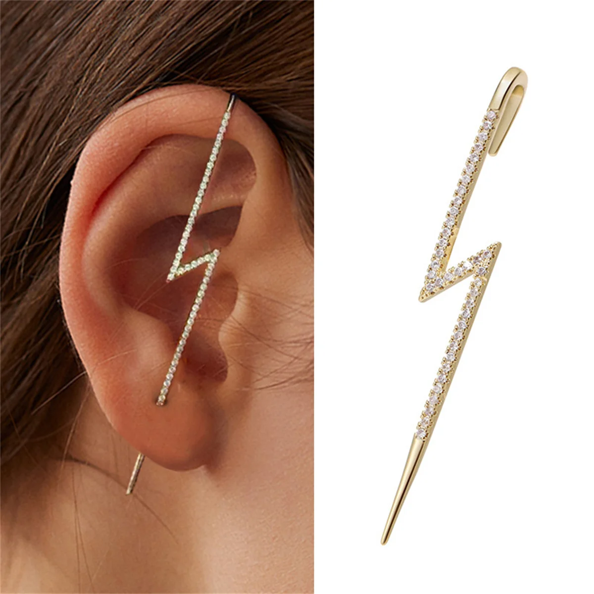 1PC Trendy Punk Shiny Rhinestone Lightning Stud Earrings For Women Ear Hooks Long Needle Piercing Climber Earrings Party Jewelry