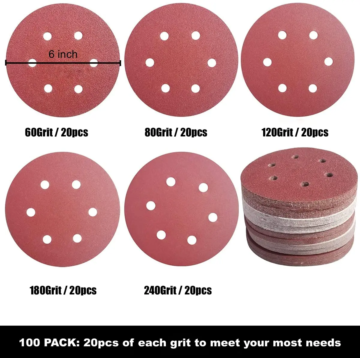 Discos de lijado de gancho y bucle, papel de lija surtido de grano 60-100, 6 pulgadas, 6 agujeros, para LIJADORA Orbital aleatoria, 240 piezas