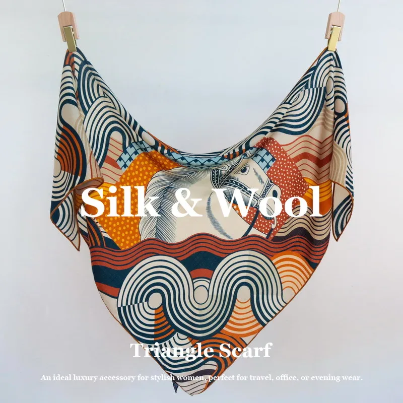 

Роскошный шелково-шерстяной треугольный шарф-палантин оверсайз 190 см с принтом лошади, женская мягкая теплая пашмина с ручной подгибкой краев, тюрбан