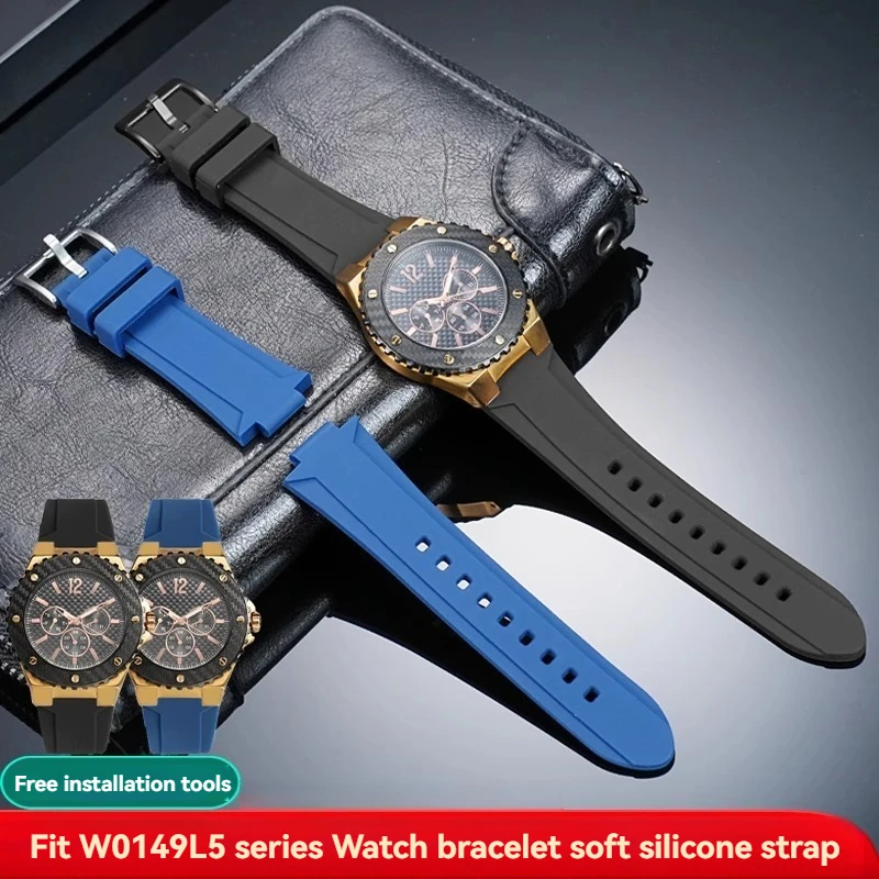 For GUESS Watch W0149L5 Series Watchband Chain Soft Resin Silicone Rubber Convex 26x14mm Watch Strap Wristband Black Blue