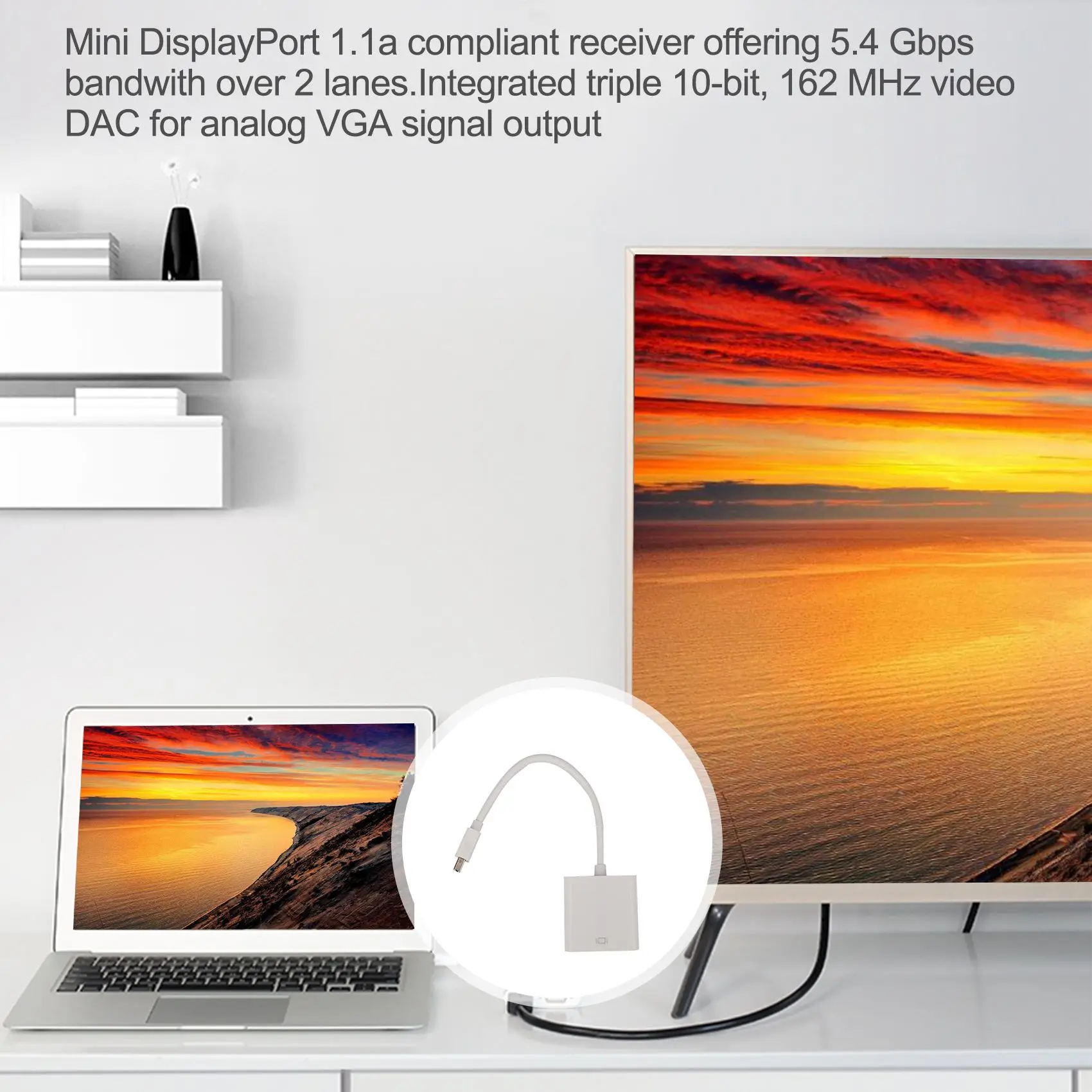 &A23G& For MacBook Air Pro iMac Mac Mini Thunderbolt Mini DisplayPort Display Port Mini DP To VGA Cable Adapter 1080P(white)