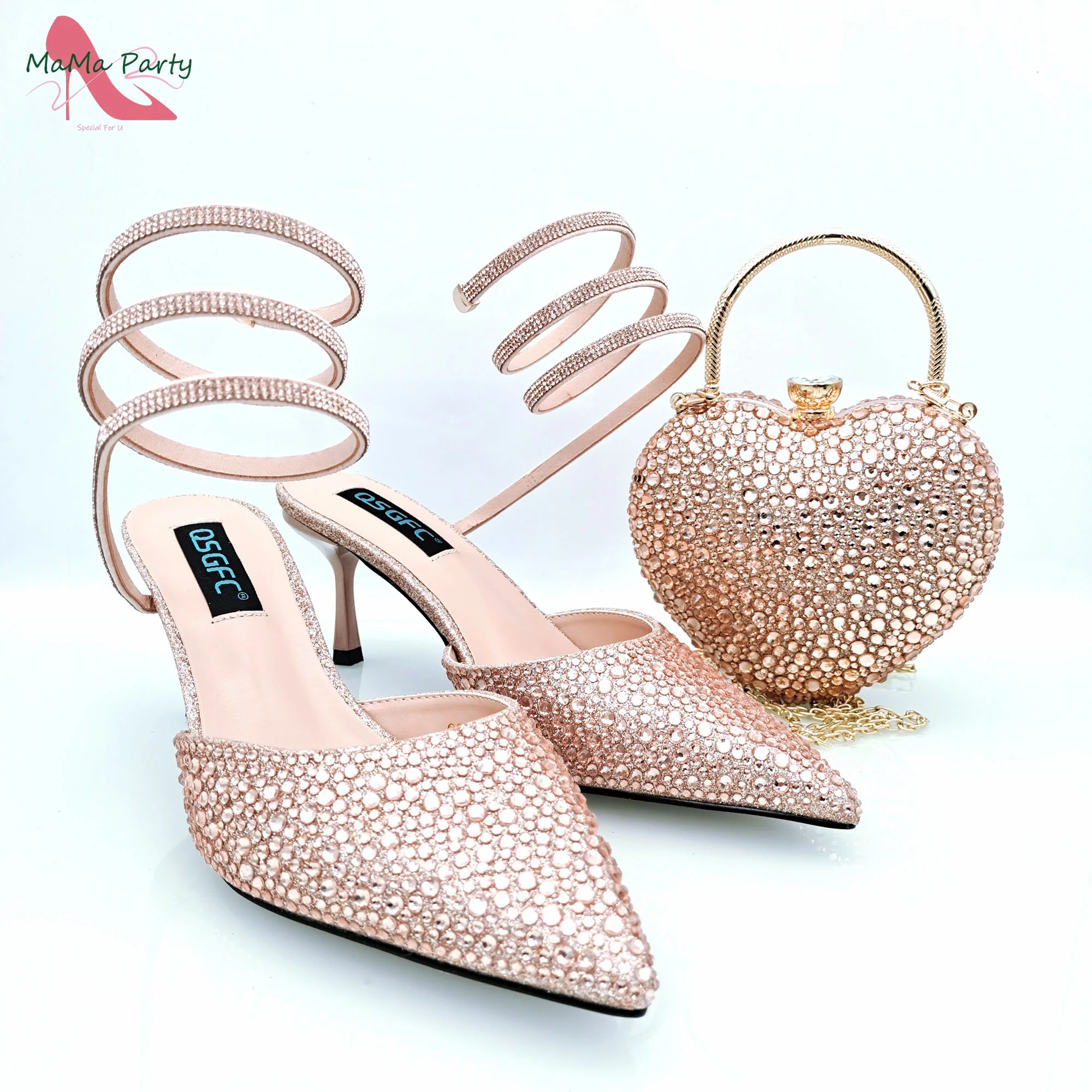 2024 Special Design Gold Color Nigerian Women Shoes and Bag Set Pointed Toe Pumps for Wedding Party