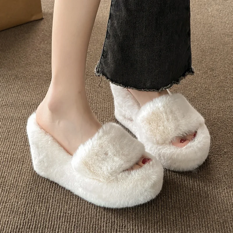 Autumn Winter Wedge Fluffy Slippers Woman 2023 New Home Fur Slippers for Women Chunky Platform Slides Cozy Fuzzy Indoor Shoes