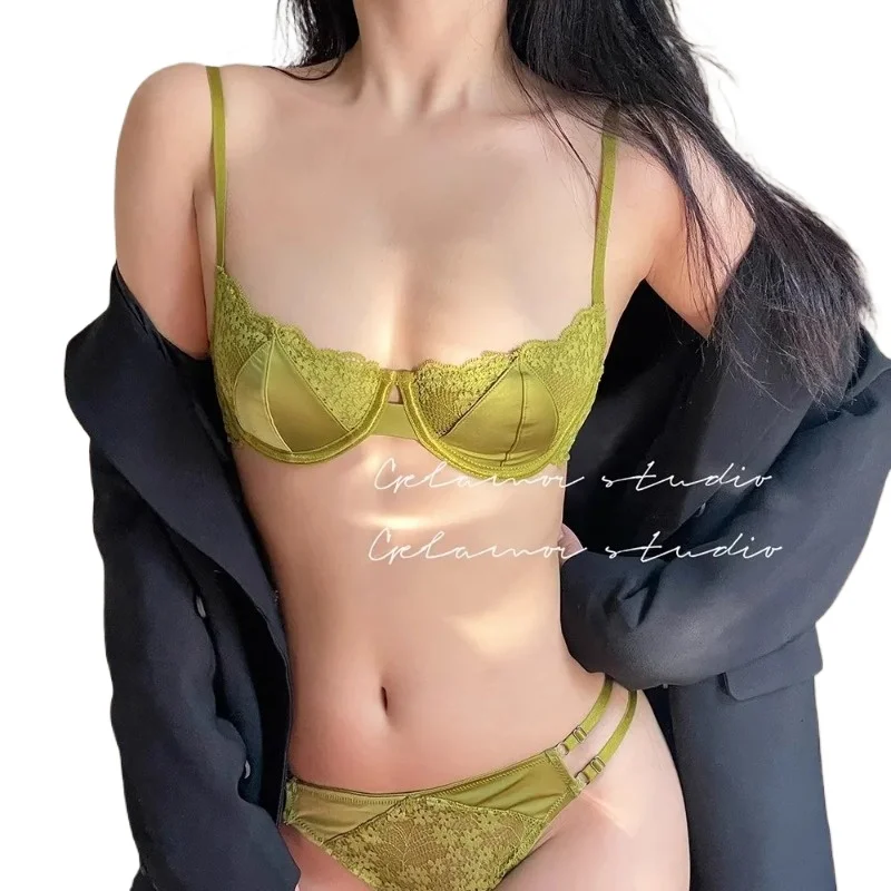 Women's Sexy Half Cup Bra Ultra-Thin Lace Anti-Sagging Supportive Lingerie Set for Large Breasts Small Chest Showcased