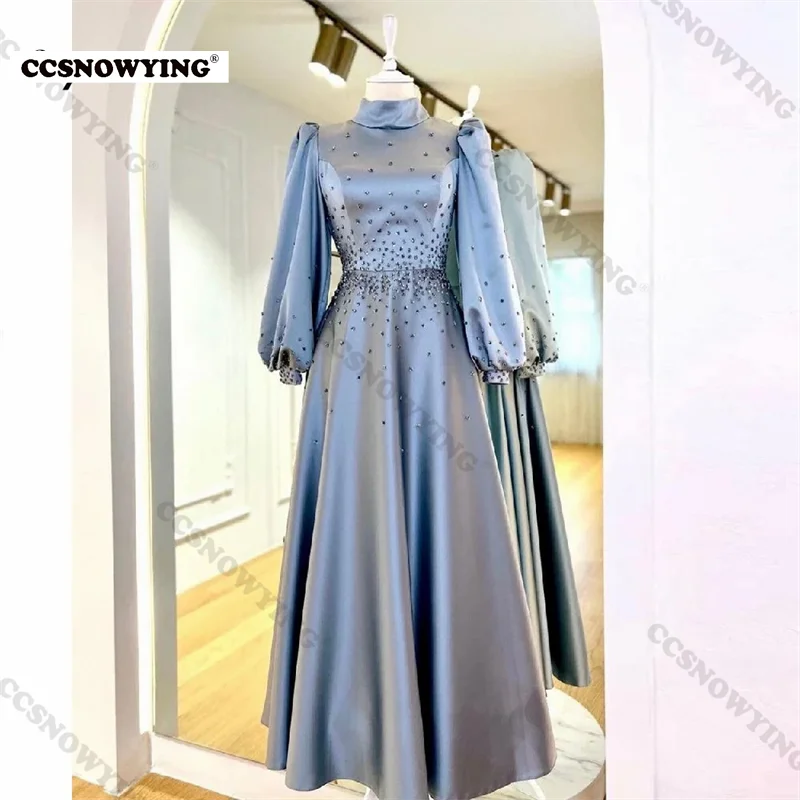 

Muslim Satin Beaded Evening Dresses Long Sleeve High Neck Islamic Prom Formal Party Gown Women Arabic Dubai Robes De Soirée