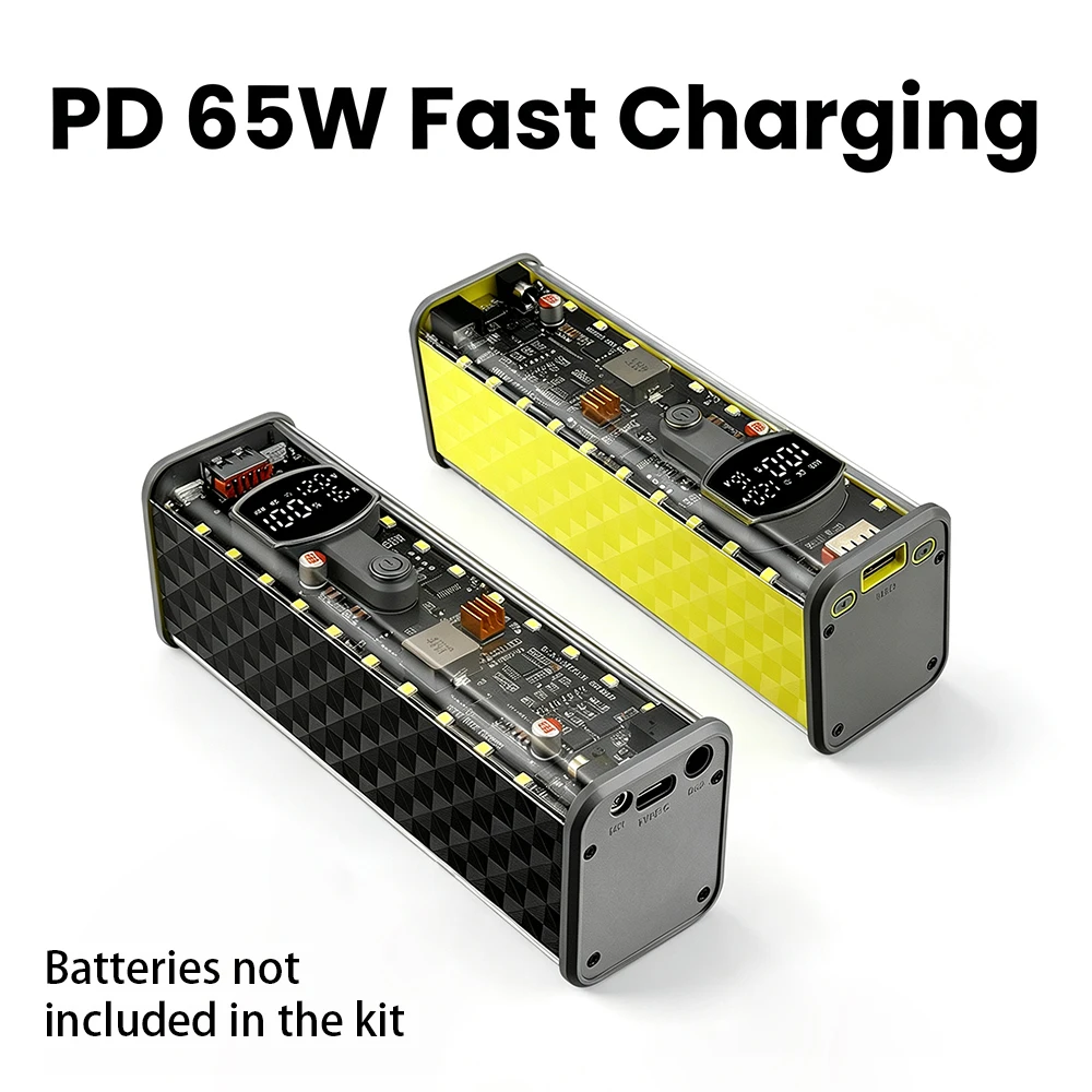 PD 65W Power Bank DIY Case 8x18650 Battery Box PD3.1 QC3.0 UFCS Fast Charging DC 3.3-24V Adjustable with LED Light USB+Type-C