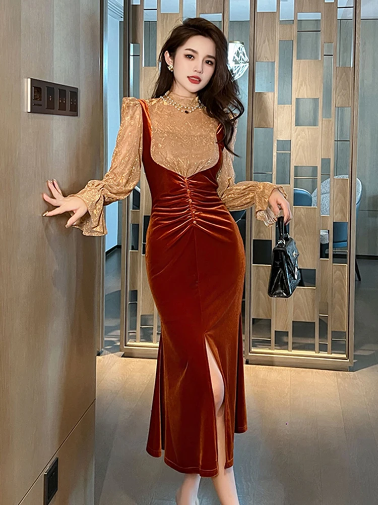 Elegant Fashion Fake 2 Pieces Dress Women Clothes Celebrity Velvet Lace Patchwork Folds Slit Fishtail Robe Party Date Vestidos