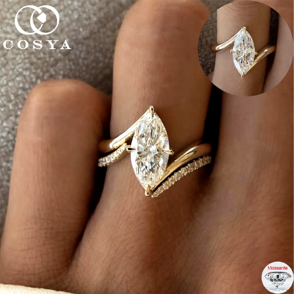 COSYA GRA Certified 3CT Marquise Cut Moissanite Ring Set for Women S925 Sliver Plated 18K Gold Luxury Wedding Band Fine Jewelry