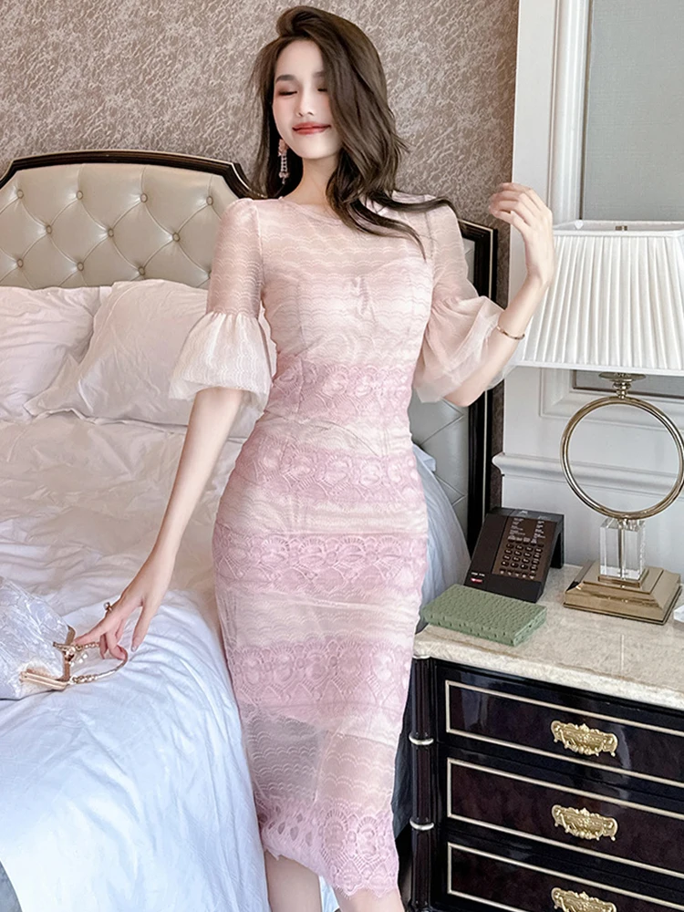 Robe de banquet d'hôte en dentelle transparente pour femme, robe mi-longue sexy, robe de fête d'anniversaire, robe éducative, rose doux, nouveau, haute qualité, 2023