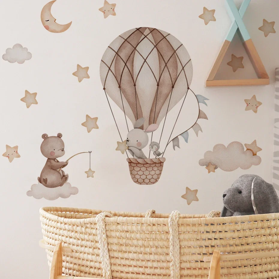 Cartoon Bear Rabbits Hot Air Balloon Animals  Wall Stickers for Kids Room Boy Room Decoration Nursery Baby Room Decoration Decal