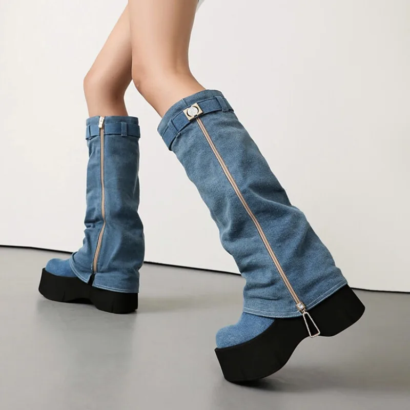 Western Cowboy Boots Metal Belt Buckle Square Toe Large Tube Circumference Long Boots Women Thick Heel Retro Slip On Knight Boot