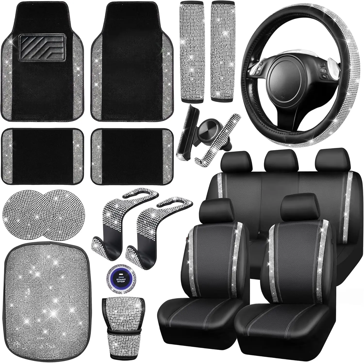 

23 Pcs Bling Diamond Car Accessories Set for Women, Leather Seat Covers Full Set, Sparkly Steering Wheel Cover, Shining Floor Mats, Silver