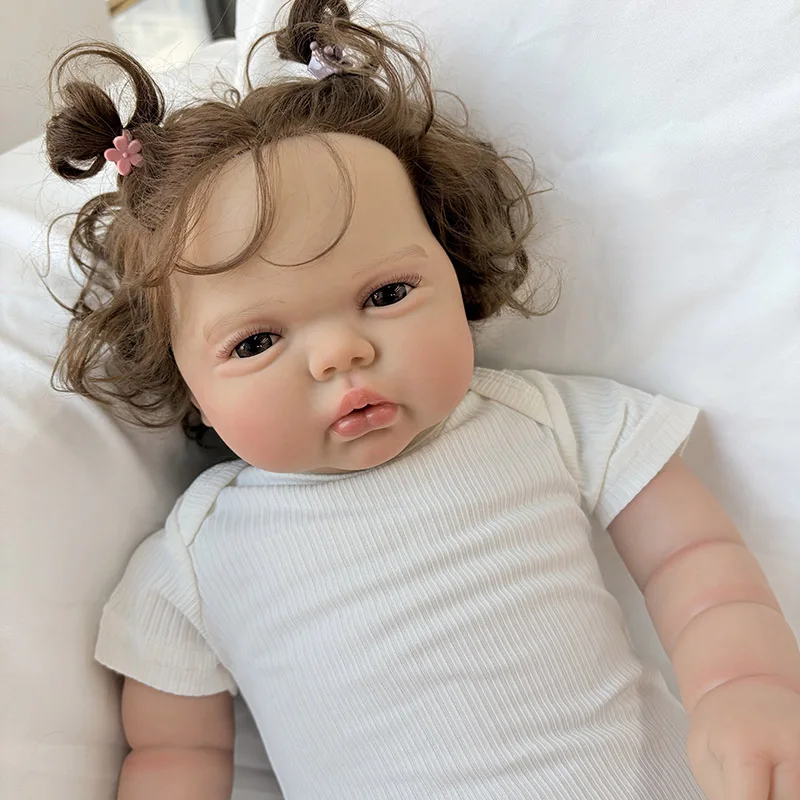 Pickle Awake Soft Cloth Body 24Inch Lifelike Cuddly Reborn Doll Hand Rooted Curly Brown Hair Multiple Layers Painting 3D Skin