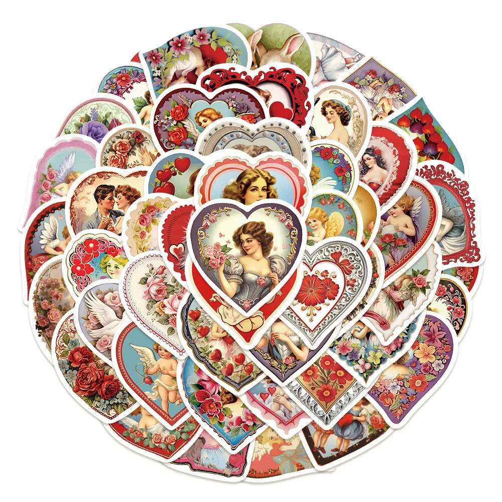 50-Piece Cute Vintage Heart Stickers - Decorative Decals for Notebooks, Laptops, Journals, Phone Cases, iPads & Water Bottles