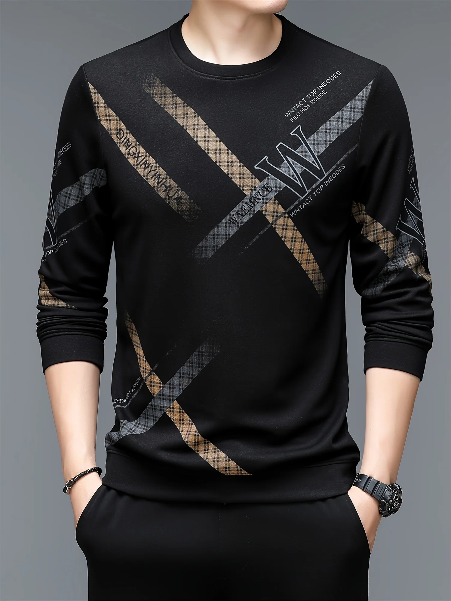 Men's printed casual long-sleeve shirt, street-style trendy fashion T-shirt, breathable, versatile for outdoor wear, loose fit.