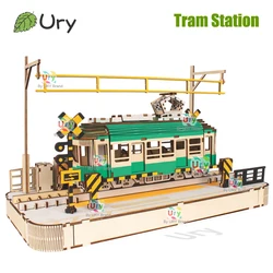 Ury 3D Wooden Puzzle Magic Japanese Style Cherry Blossoms Sakura Tram Station Model Assembly Desk Decoration Gift for Adult