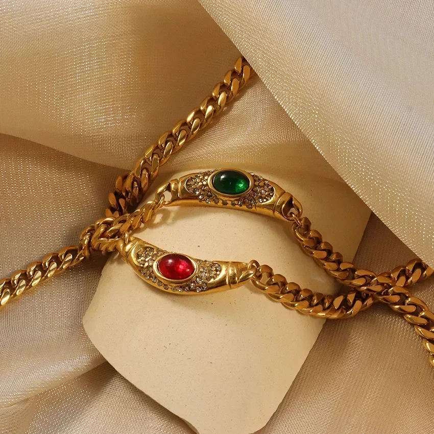 Medieval Big Glass Gem Collares Stainless steel Chain Choker Necklace