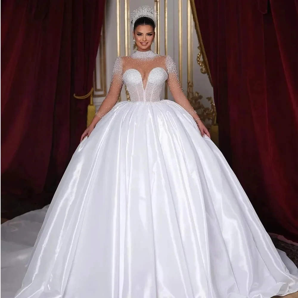 Fabulous Pearls Beaded Wedding Dresses High Collar Long Sleeves Bride Dress Pleat Ball Gown Custom Made Robes De Mariee