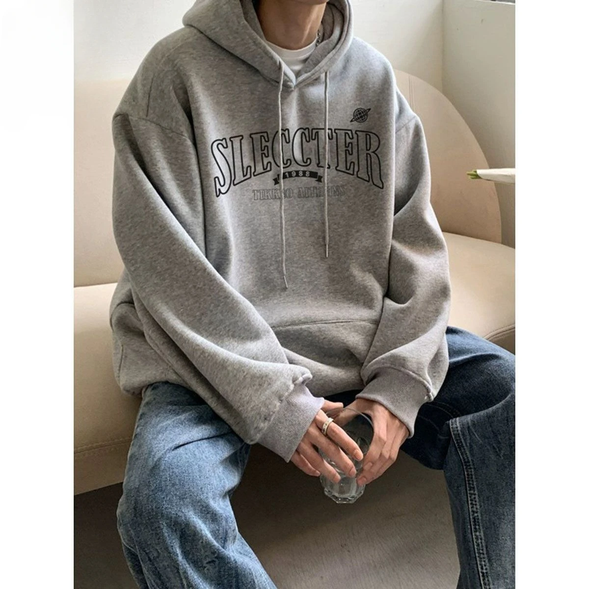 Sudadera con capucha de gran tamaño para hombre, Chaqueta de algodón puro de marca de moda americana, tops y2k, color gris, Otoño e Invierno