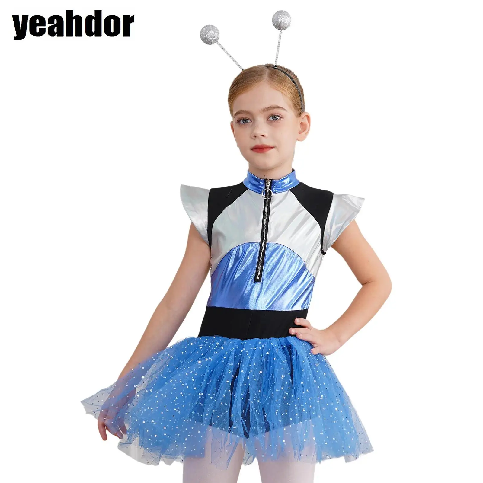 

Girls Alien Costume Outerspace Astronaut Dress Up Fly Sleeve Metallic Shiny Leotard Tutu Dress Halloween Cosplay Future World