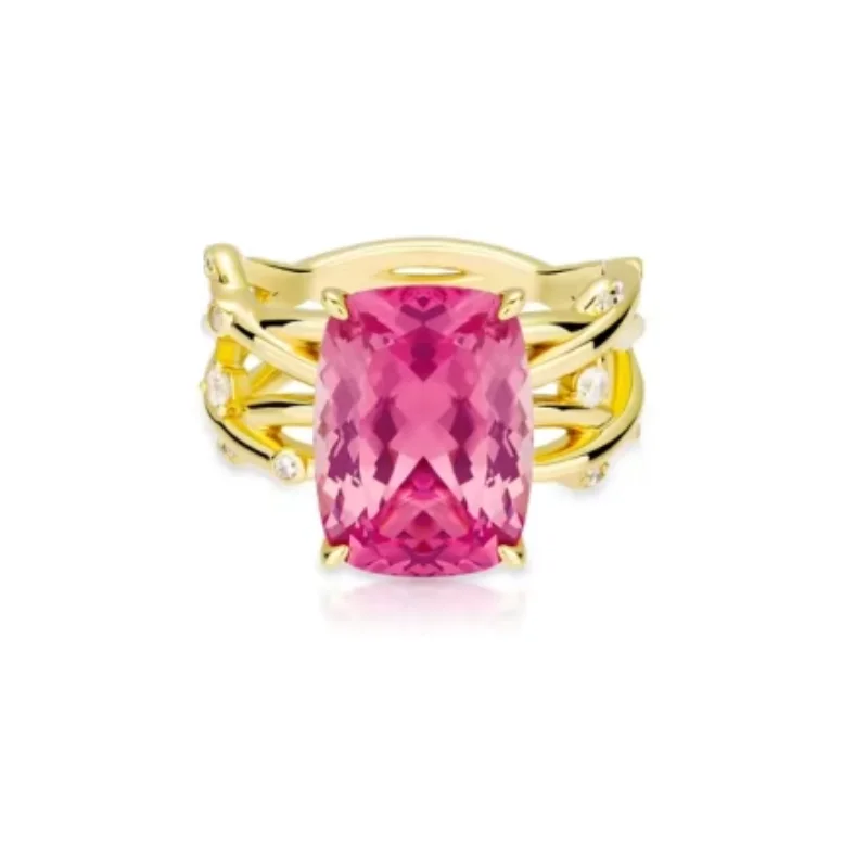 CAMEO 925 Silver Synthetic Zircon Ring Pink Rectangular Gemstone Four Claw Multi layer Hollow Fashion Gold Ring