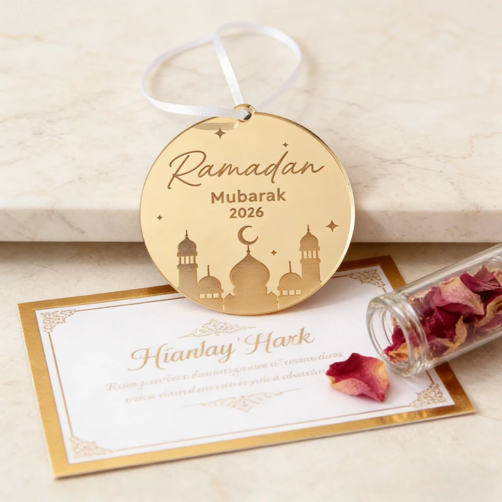 Eid Al-Fitr Hanging Ornament Round Acrylic Gold Mosque Crescent and Star Elements Pattern Ramadan Mubarak with White Ribbon