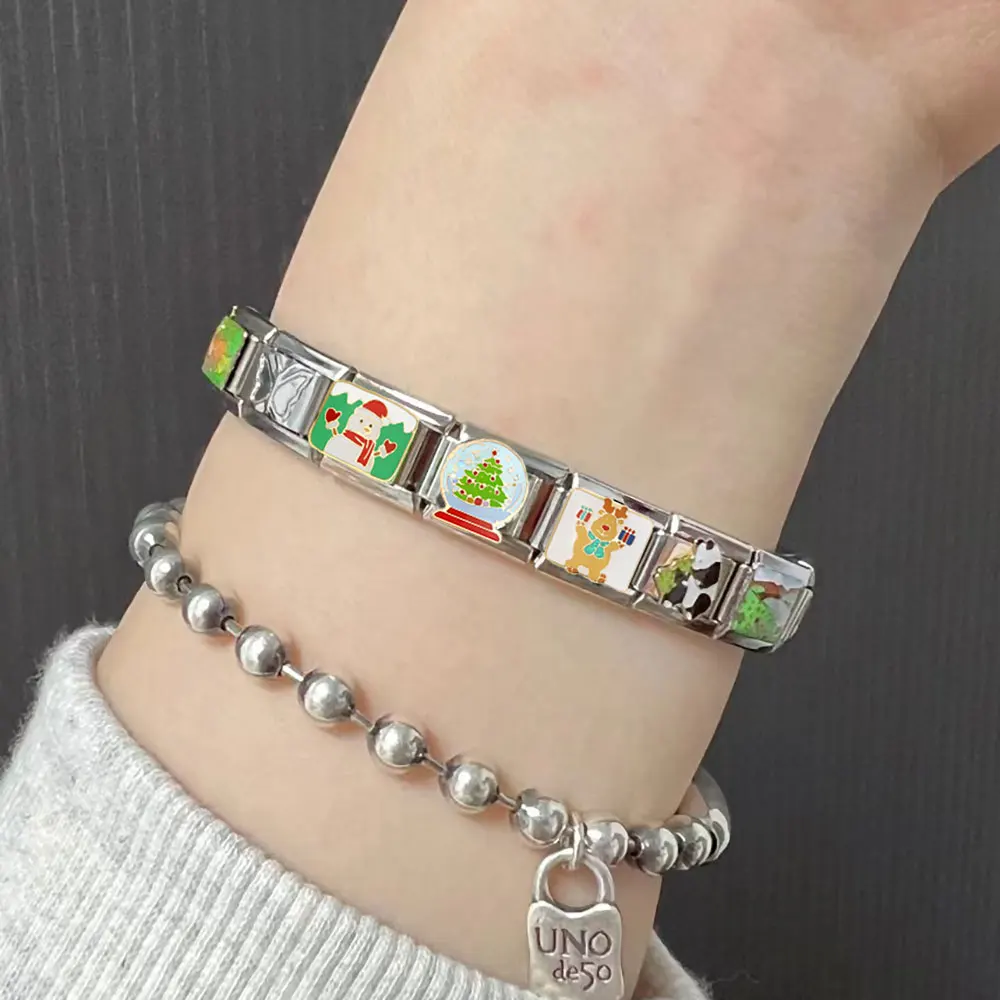 Semkeiyee Christmas Tree Snowman Elk Gingerbread Man Gift Italian Charm Link Stainless Steel Bracelets Making DIY Beads Jewelry