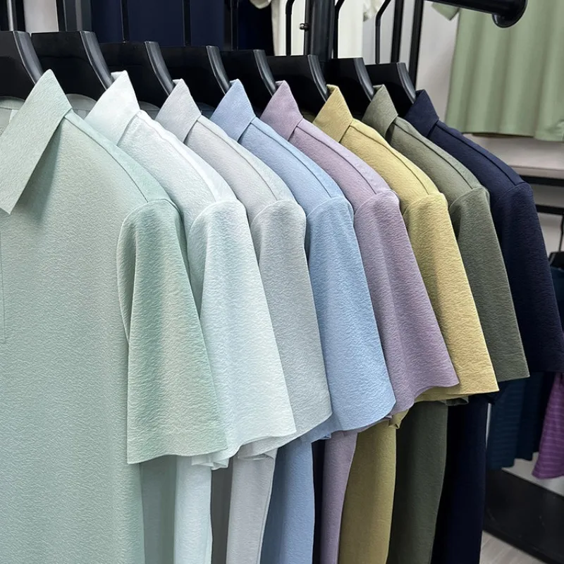 Men's Textured Polo Shirt Short Sleeve – Stretchy Blend, Soft Breathable, Multi-Color, Business Casual Summer Top