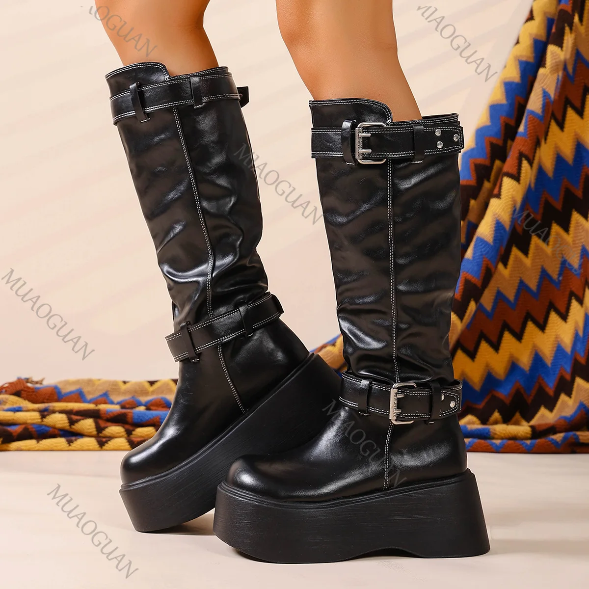 Botas Hasta La Rodilla Apiladas De Estilo Punk Para Mujer, Botas Largas De Cuero Con Punta Redonda, Hebilla De Cinturón, Plataforma, Tacones Altos_voghion.com