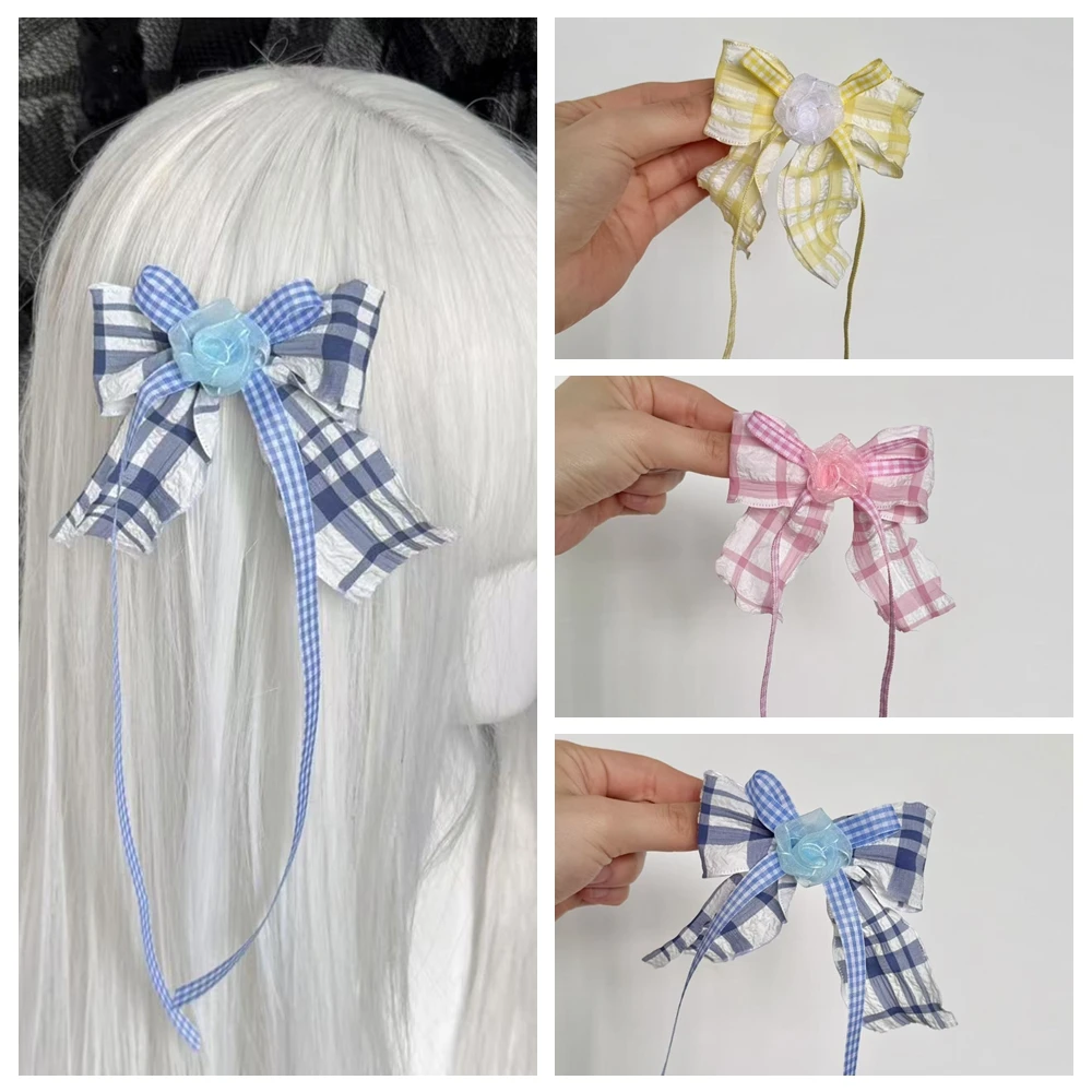

1PC Pink/Blue/Yellow Korean Lolita Ribbon Plaid Bow Flower Hair Clip Female Ballet-style Ribbon Hair Accessory