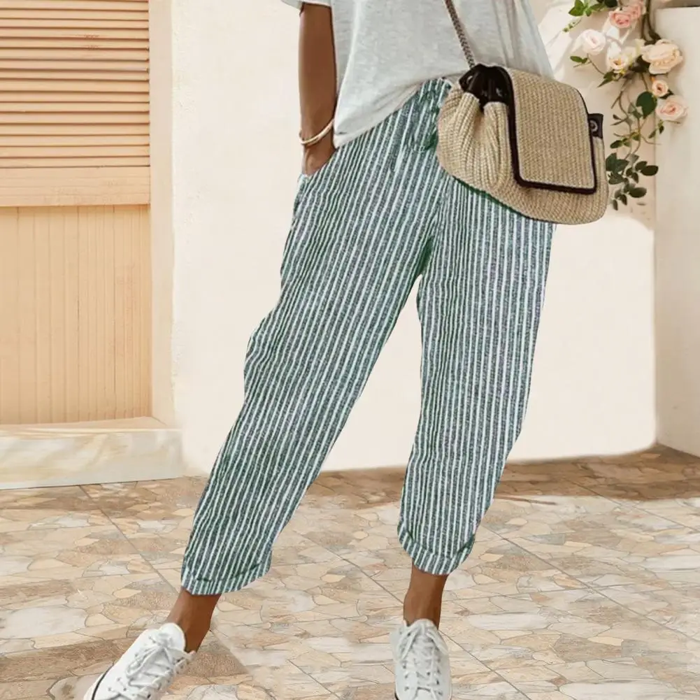 

Striped Loose Fit Trousers Striped Printed Loose Fit Pants with Adjustable Drawstring Waist for Women Long Trousers Streetwear