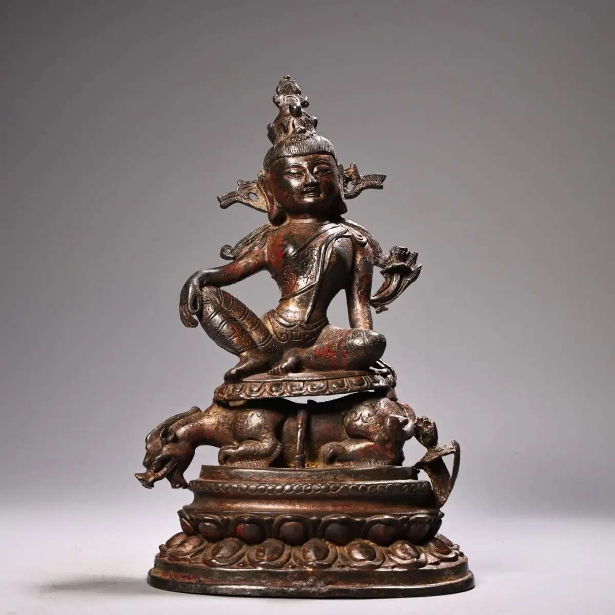 Vintage Bronze Tibetan Lion Riding Bodhisattva Statue 28cm Height 17cm Width, Buddhist Home Altar Decor Oriental Art Collectible