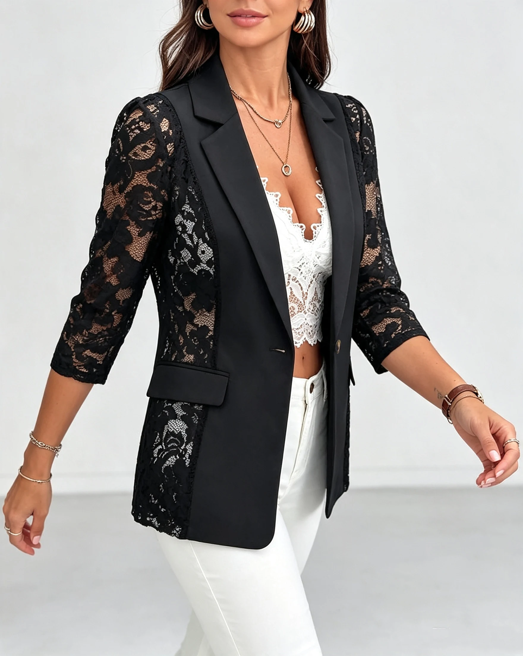 Ladies Elegant Lace Splice Suit Jacket Sophisticated Women's Fashion Outerwear