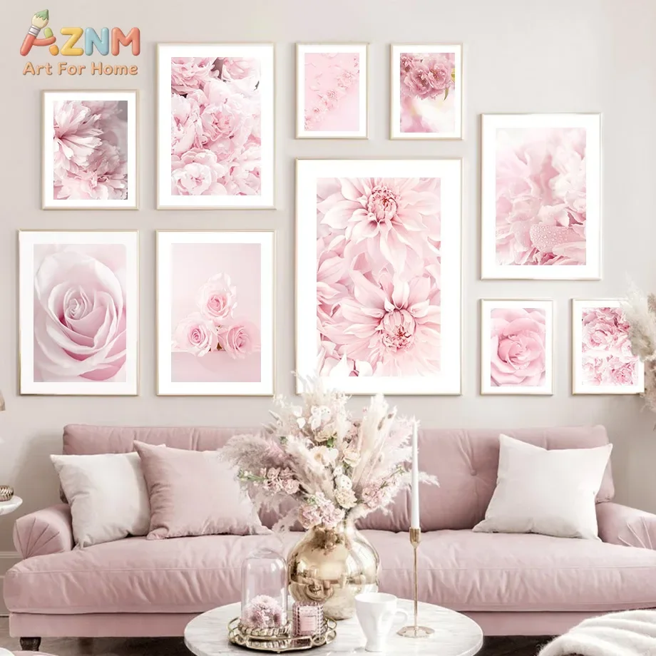 AZNM Unframed Pink Peony Rose Canvas Wall Art, Romantic Floral Close Up Print, Modern Minimalist Botanical Poster for Living Roo