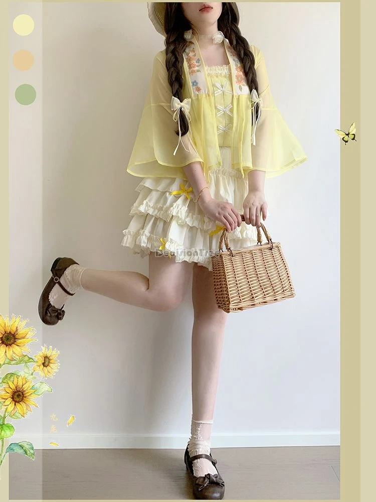 New chinese style women martial arts style retro stand collar vest loose casual skirt tulle shirt suit jk hanfu
