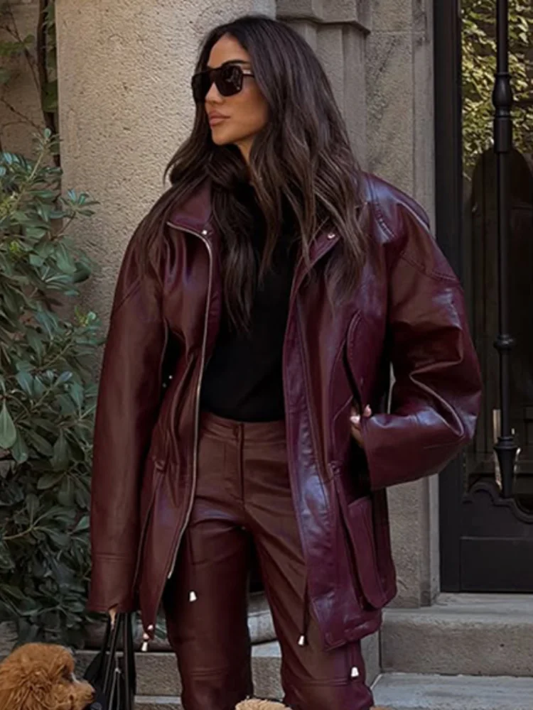 

Chic Wine Red Fake Leather Jacket For Women Fashion Long Sleeved Clothes Lapel Zipper Coat Autumn Winter New High Street Outwear