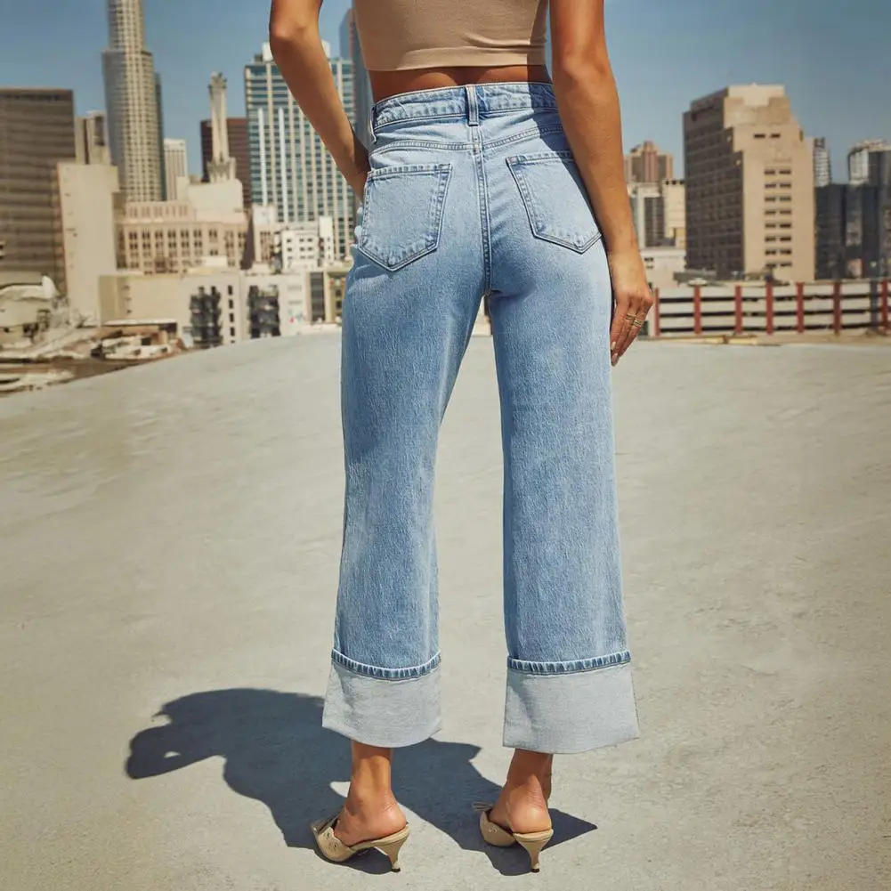Retro Mid-waist Multi-pocket Pants Jeans, Women's Casual Loose Straight Long Pants, Patchwork Jeans,Spring Autumn