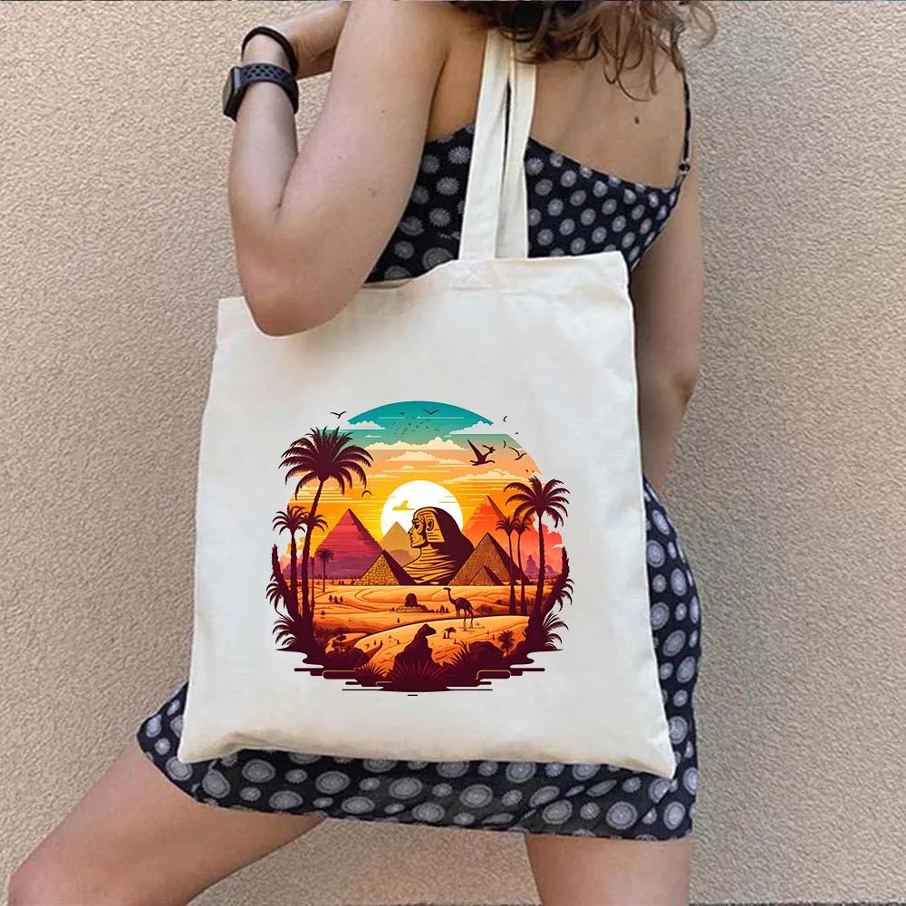 Ancient Egypt Landscape Totem Pharaoh Canvas Shopping Tote Bag Queen Atum Egyptian Pyramids Eye Of Horus Cotton Shopper Handbags