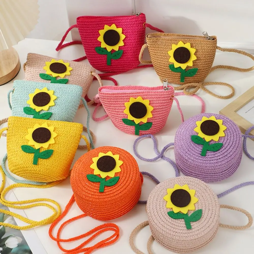 

Cute Straw Crossbody Bag Round Flower Shoulder Bag Small Coin Purse Kids Girls