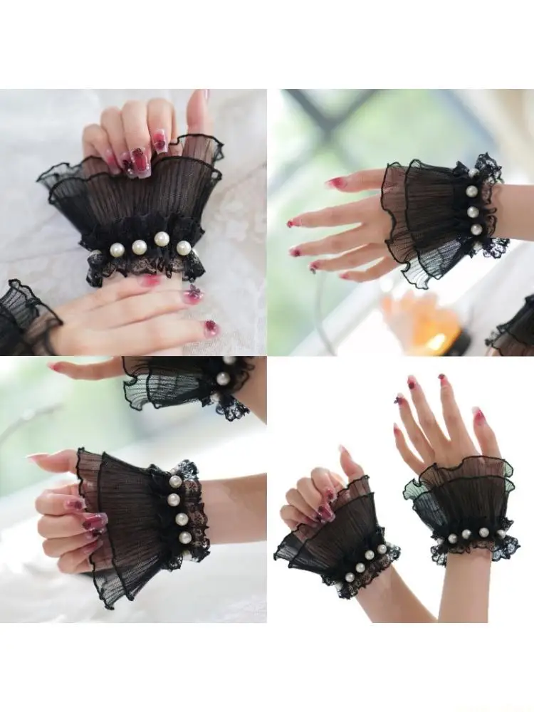31BF Flower Lace Hand Sleeves For Nails Artists Artificial Pearls Decors Wrist Cuffs
