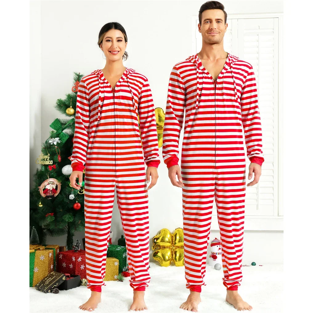 Pijamas de Navidad para adultos, conjuntos de ropa de dormir familiar, mono con capucha con cremallera, mono a rayas para parejas, Disfraces para hombres y mujeres