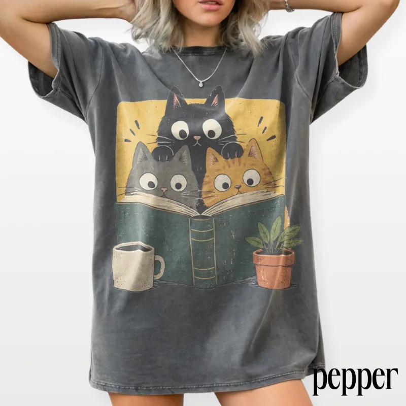 Retro Curious Reading Cats Graphic Tee, Book Lover Cat Shirt, Cozy Cottagecore Vintage Top, Comfort Colors® Reader Gift Tee
