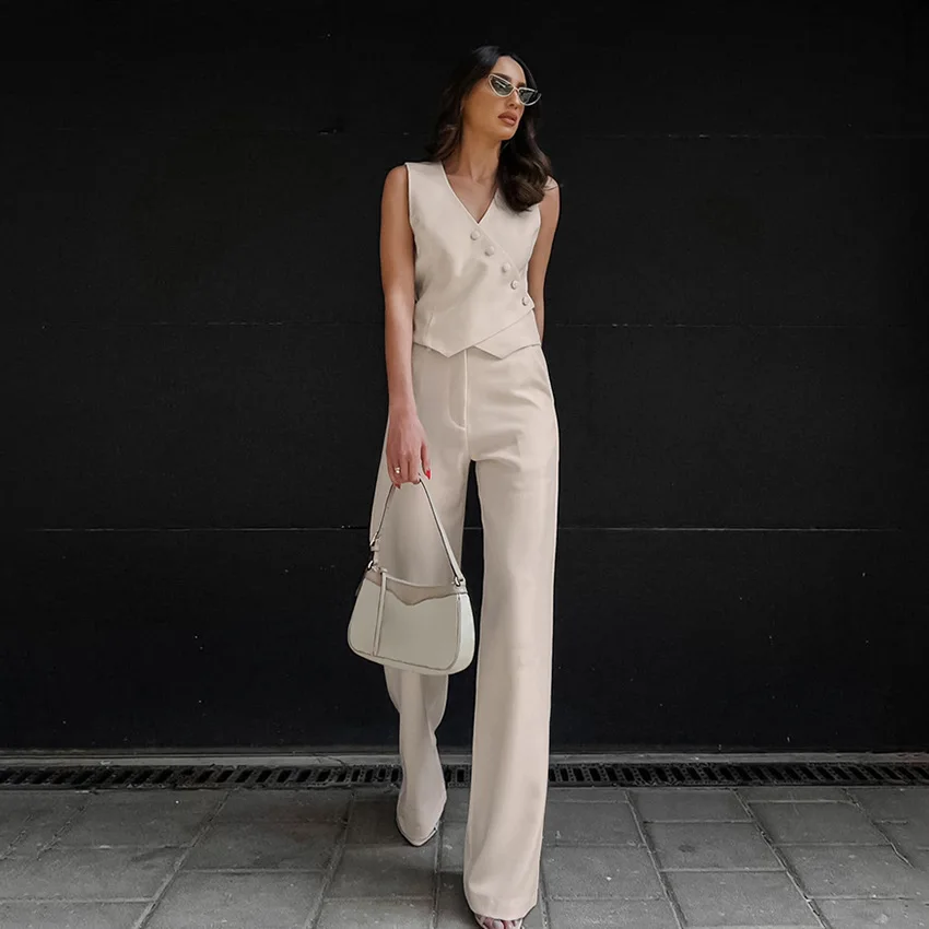

Cotton and Linen Khaki Cardigan Vest Straight Pants Two-piece Set Women's 2026 Spring and Summer New Casual Suit