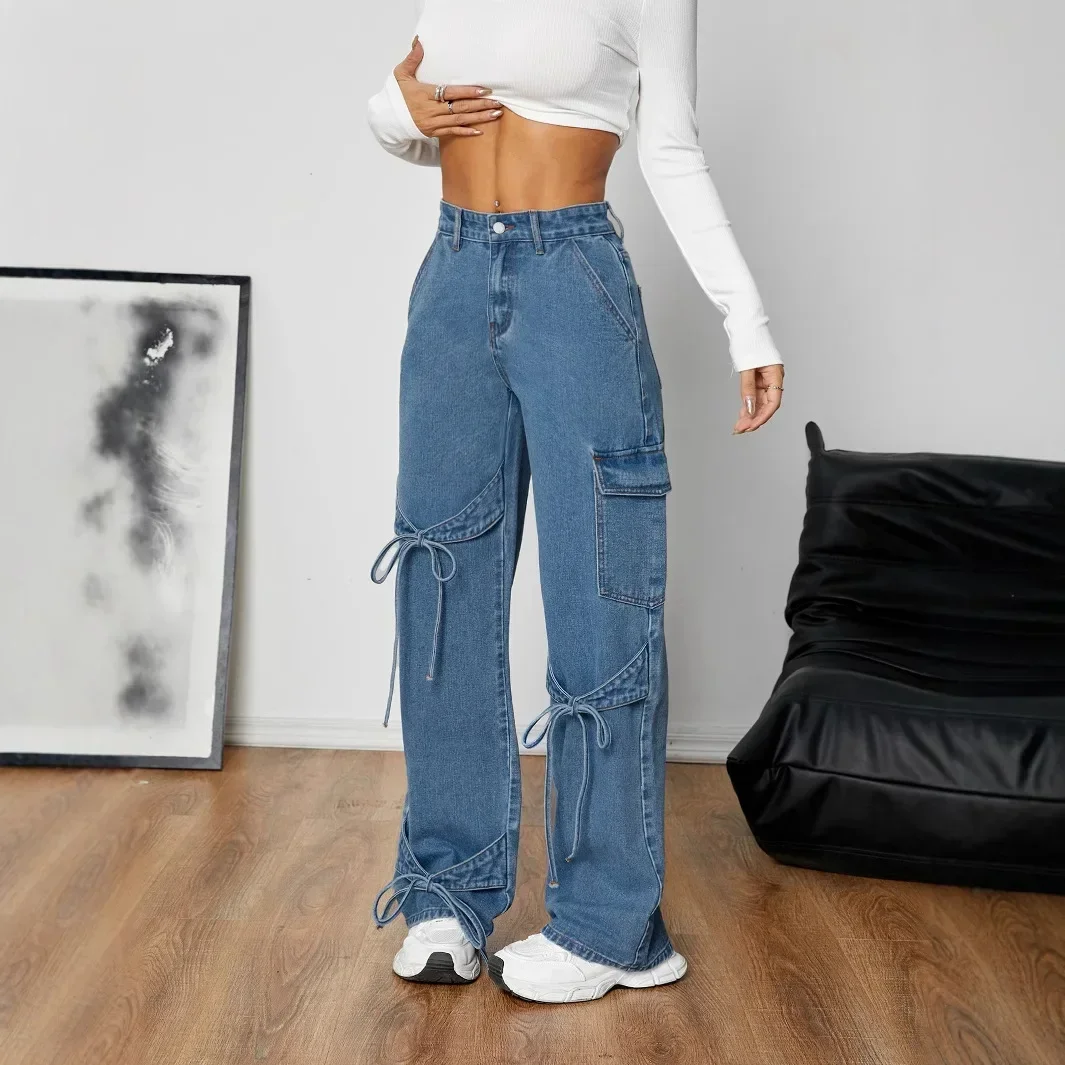 Dżinsy Damskie Denim Proste Szerokie Nogawki Spodnie 2025 Streetwear Guziki Kieszenie Średni Stan Sznurowane Kokarda Sprane Postarzane Spodnie