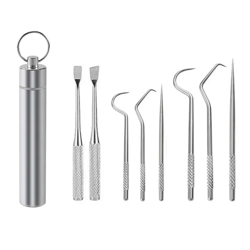 7Pcs Stainless Steel Toothpick Set Portable Oral Cleaning Tools Tooth Flossing Artifact Outdoor Picnic Camp Reusable Toothpick