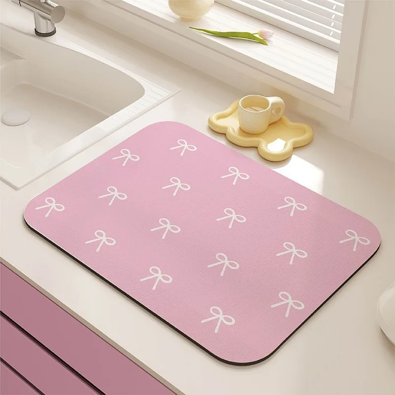 Pink Bow Kitchen Drying Mat Cute Minimalist White Bow Pattern Dish Dry Mat Bow Themed Kitchen Counter Pad for Sink Vanity