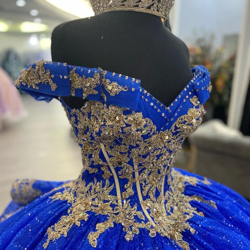 EVLAST ที่กําหนดเอง ROYAL BLUE Quinceanera Ball Gown ลูกไม้ Appliques ประดับด้วยลูกปัดหวาน 15 ปี PUFFY Vestidos De 15 Años TQD057