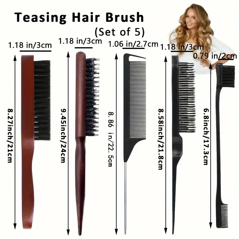 1/2/4/5-teiliges Haarbürsten- und Kamm-Set mit Wildschweinborsten, Styling-Werkzeuge zur Kantenkontrolle, Nylonborsten, ABS-Griff – Detail 1