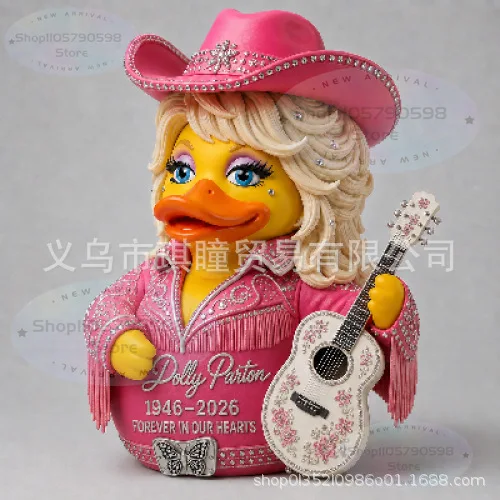 Musician Dolly Duck Resin Figurine,Retro Fringe Rhinestone Outfit Duck Statue with Guitar, Desktop Decoration for Fans Gift